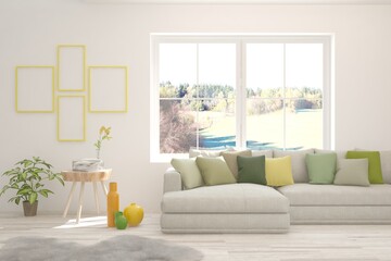 Stylish room in white color with sofa and autumn landscape in window. Scandinavian interior design. 3D illustration