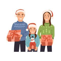 Happy family holding Christmas gifts in their hands. Mom, Dad and daughter exchange gifts during the winter holidays.Flat vector hand drawn illustartion.