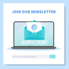 Subscribe to our newsletter web banner template. Laptop with opened browser page and envelope with new letter. Mail marketing, correspondence service delivery registration banner