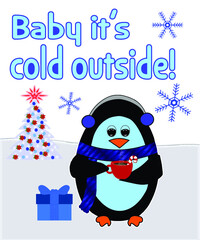 Vector illustration of a penguin holding hot chocolate with candy can