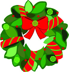 Vector illustration of wreath with red ribbon and berries