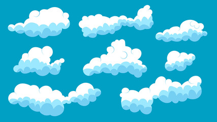 Set of blue sky, abstract cartoon clouds. Different shapes and size clouds icons are in blue sky. Vector illustration