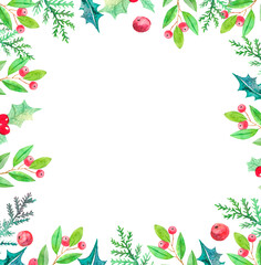 Watercolor Christmas frame with fir branches and berries, leaves, cones, Christmas decor, flowers, perfect for postcards, posters, stickers, covers.
