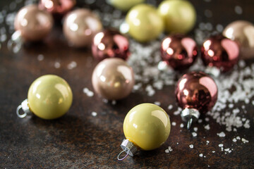 Christmas composition. Christmas glossy ball. Top view flat lay background.