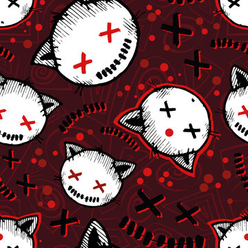 Vector halloween pattern with cat's heads and blood drops. Seamless pattern can be used for wallpaper, pattern fills, web page background, surface textures.