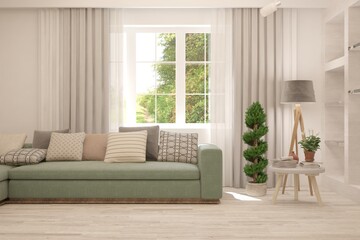 White living room with sofa and summer landscape in window. Scandinavian interior design. 3D illustration