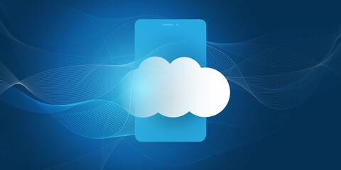 Cloud Computing Design Concept - Digital Connections, Technology Background with Cloud, Mobile Device and Wavy Lines