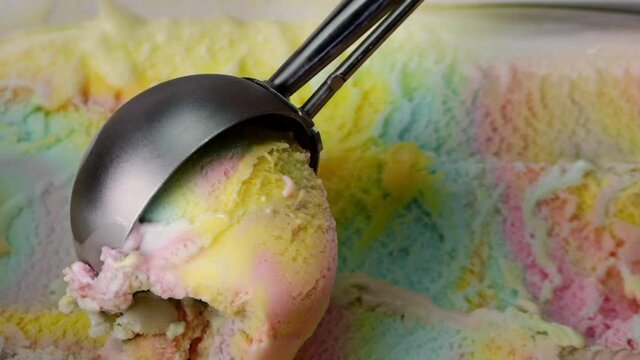 Close up Scooping ice cream Rainbow colorful, Top view.