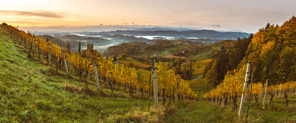 Autumn View from South Styrian route in Austria at hills in Slovenia during sunraise.