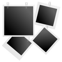 Photo frame sticker. Retro photoframe blank mockup. Square image blank eith white border and paper clip. Snapshot photograph gallery, old art style of hipster art shot for scrapbook