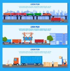 Transport logistic delivery vector illustration. Cartoon flat delivering company banner collection with loading packages boxes into courier truck van or railway carriage, freight transportation set