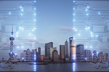 Double exposure of technology theme hologram and cityscape background. Concept of Hightech.