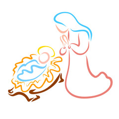 Virgin Mary prays at the manger in which the little Savior sleeps