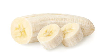 Peeled and sliced banana isolated on white background. Full depth of field.