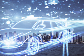 Double exposure of transport theme hologram drawing and city view background. Concept autopilot.