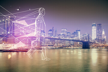 Double exposure of start up theme drawings over cityscape background. Concept of success.