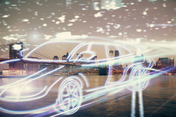 Double exposure of transport theme hologram drawing and city view background. Concept autopilot.
