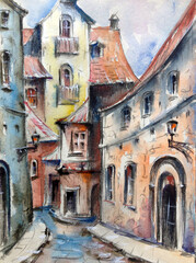 Watercolor colorful bright textured abstract background handmade . Mediterranean landscape . Painting of architecture  of the old medieval town, made in the technique of watercolors from nature
