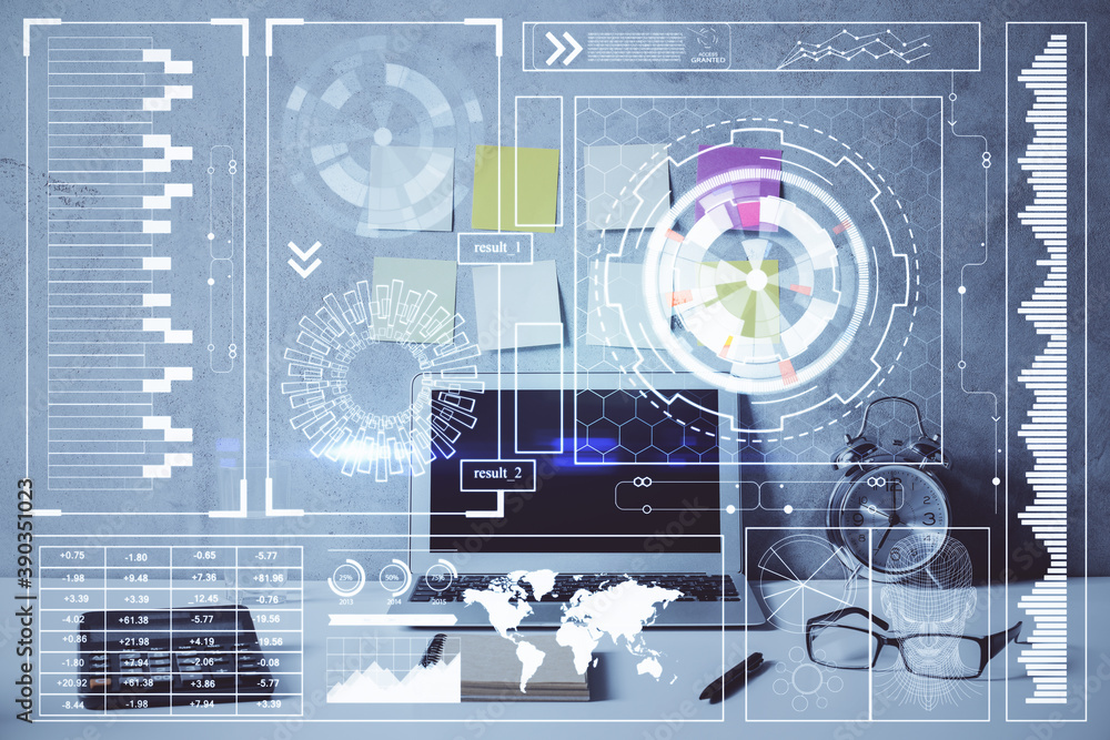Aufkleber Multi exposure of table with computer on background and data theme drawing. Concept of innovation.
