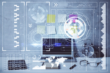 Multi exposure of table with computer on background and data theme drawing. Concept of innovation.