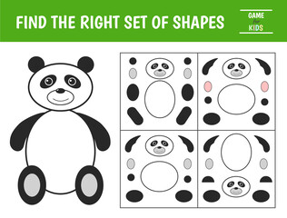 Educational game for kids. Panda of geometric shapes. Find the correct block with geometric shapes. Preschool worksheet activity. Vector illustration