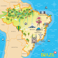 Brazil - hand drawn illustration, map with landmarks	
