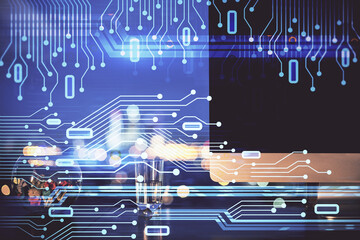 Multi exposure of desktop with computer on background and tech theme drawing. Concept of big data.