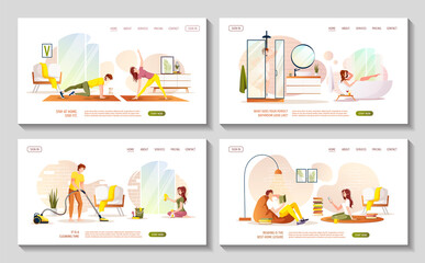 Set of web pages for home activities or leisure. Stay home concept. Couple cleaning home, doing sport exercises, reading books, taking bath or shower. Vector illustration for poster, banner, website.