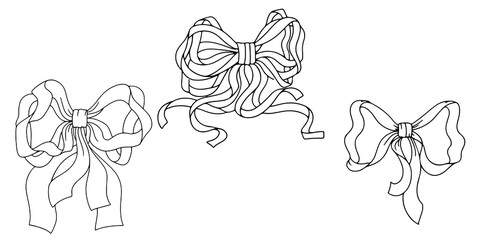 Set gift  bow, beautiful bow, present card package and decoration. Ribbon for birthday, valentine surprise. Vector line art bow illustration isolated on white background