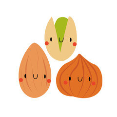 Kawaii Cartoon Pistachio, Almond and Hazelnut. 