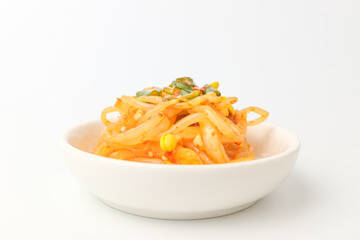 Tossed bean sprouts on a white background