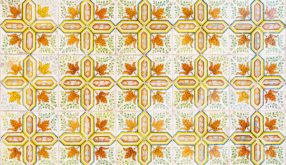 Detail of the traditional tiles from facade of old house. Decorative tiles.Portuguese traditional tiles. Floral ornament.