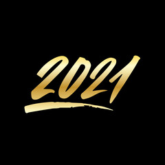 2021 year gold brush lettering isolated on a black background. Handwritten inscription