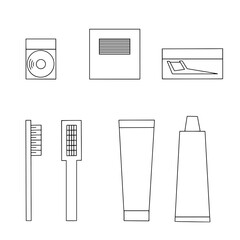 accessories for cleaning teeth toothpaste, brush, dental floss, toothpicks, floss black and white drawing, symbols