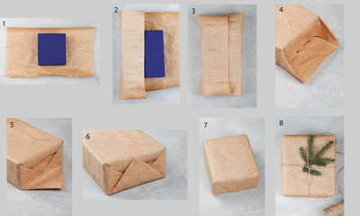 Naklejka na ściany i meble how to wrap christmas gift with your own hands. step by step instruction.