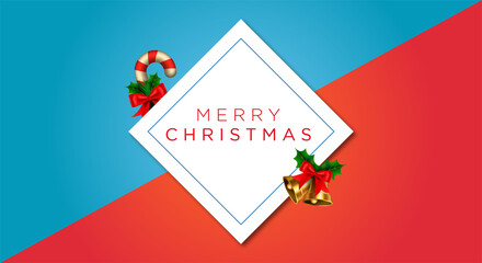 Christmas banner. Background Xmas design of sparkling lights garland, with snowflake and glitter confetti. Horizontal christmas poster, greeting cards, headers, website. Red and blue background.