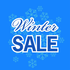Fototapeta na wymiar Rebajas de invierno. Logotipo con texto Winter Sale sobre patrón de copos de nieve en fondo azul