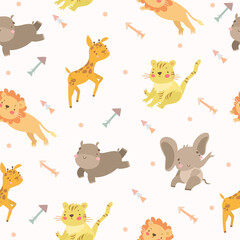 vector seamless pattern with safari animals. lion and tiger, giraffe and hippo. cute doodles, arrows