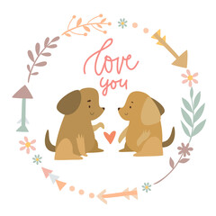 baby print poster with dogs in bohemian and scandinavian style. boho wreath with arrows