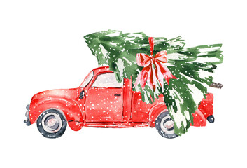 Watercolor red christmas truck clipart, Hand drawn vintage red truck with christmas tree 
Holiday clipart, kawaii christmas, baby christmas gift decor, greeting card