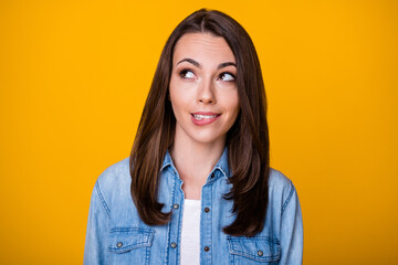 Portrait of minded girl look copyspace think thoughts bite lips teeth want decide decision solution...