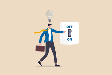 New business ideas, inspiration and creativity to think about new idea concept, smart businessman in suit switching on the switch to turn on lightbulb lamp over his head metaphor of discover new idea.