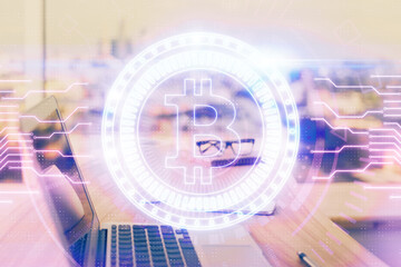 Double exposure of blockchain theme hologram and table with computer background. Concept of bitcoin...