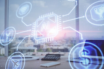 Double exposure of desktop computer and technology theme hologram. Concept of software development.