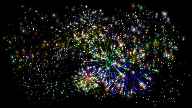 Colorful festive fireworks on black background. Digital animation.
