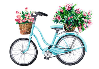 Fototapeta na wymiar Blue bicycle with flowers in basket, hand drawn watercolor illustration isolated on white background