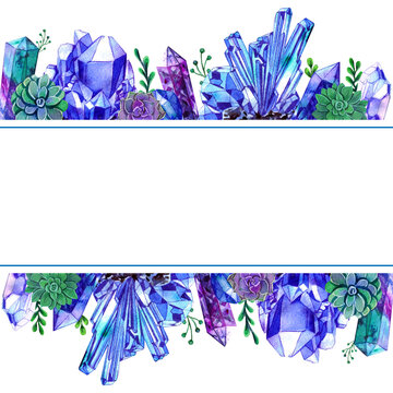 Watercolor Colorful Crystal Border Frame With Succulents And Leaves. Hand Drawn Illustration Isolated On White Background.