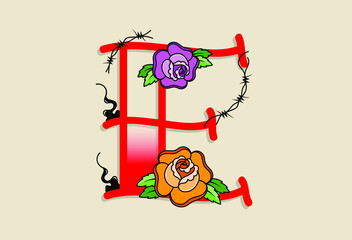 Capital Letters in traditional tattoo style decoration with rose flower and barbed wire