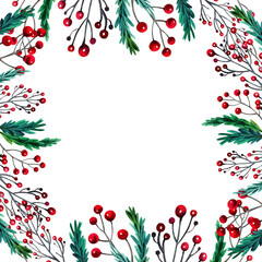 Watercolor colorful christmas square frame with spruce branches and berries
