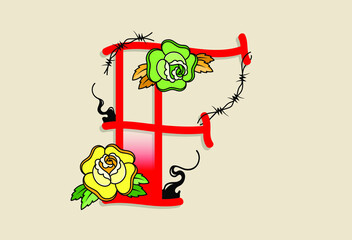 Capital Letters in traditional tattoo style decoration with rose flower and barbed wire